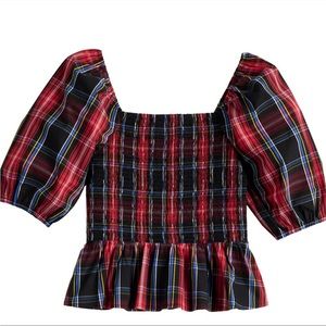 Plaid Puff Sleeve Smocked Top - Red
